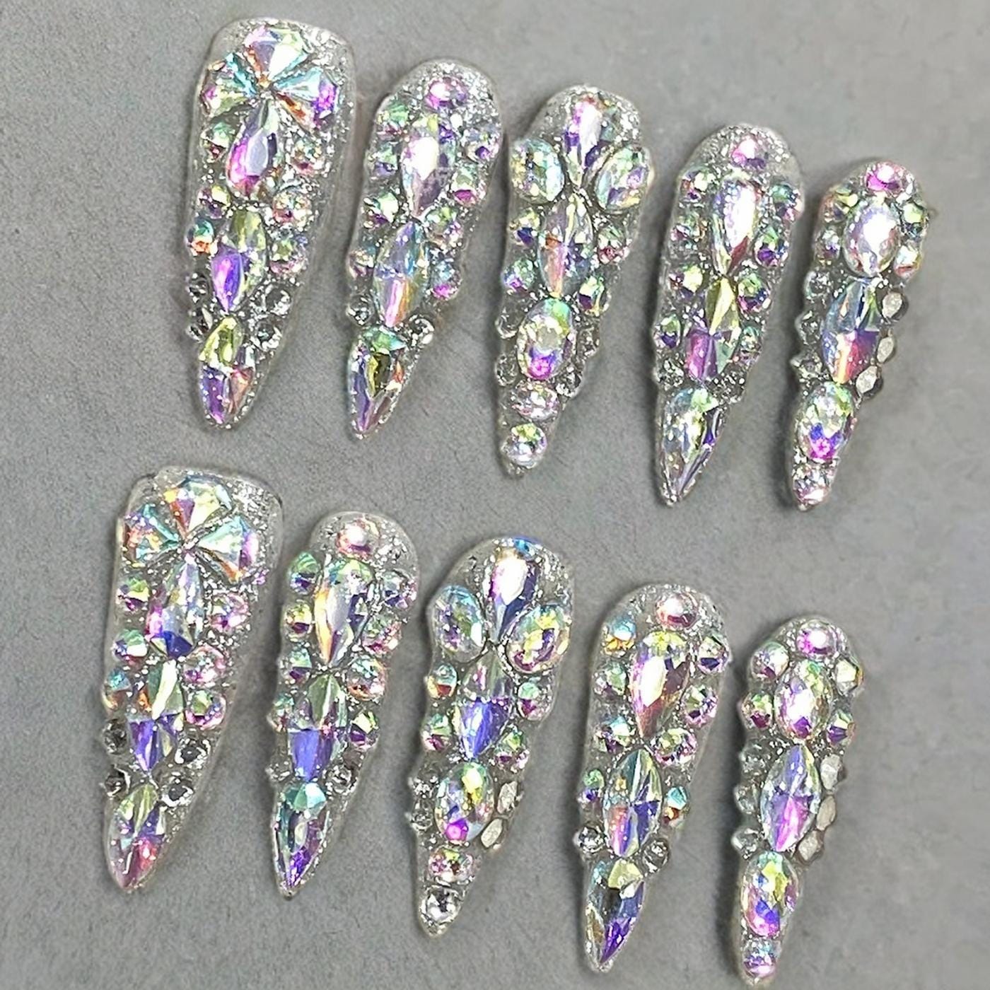 Luxury Diamond Crystal Press On Nails, Long Stiletto Glam Nail Art, Ready to Ship