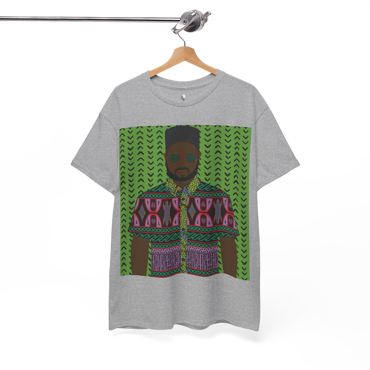 Phillipe(Chocolate) in Purple Toghu on Green Mudcloth Unisex Heavy Cotton Tee
