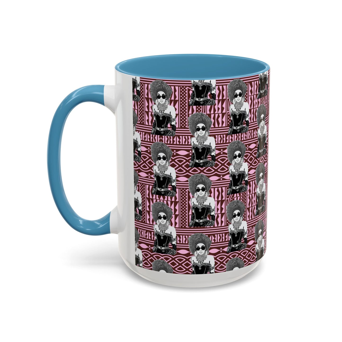 Madame Headtie(BW) Two-Tone Ceramic Coffee Mugs on Pink Ndop (4 Colors), 15oz