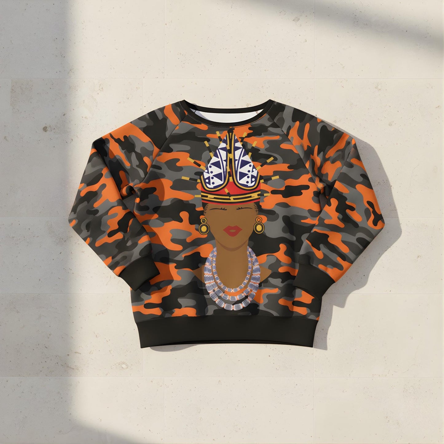 Spiky Bamenda Hat on Camo All-Over Print Women's Raglan Sleeve Sweatshirt