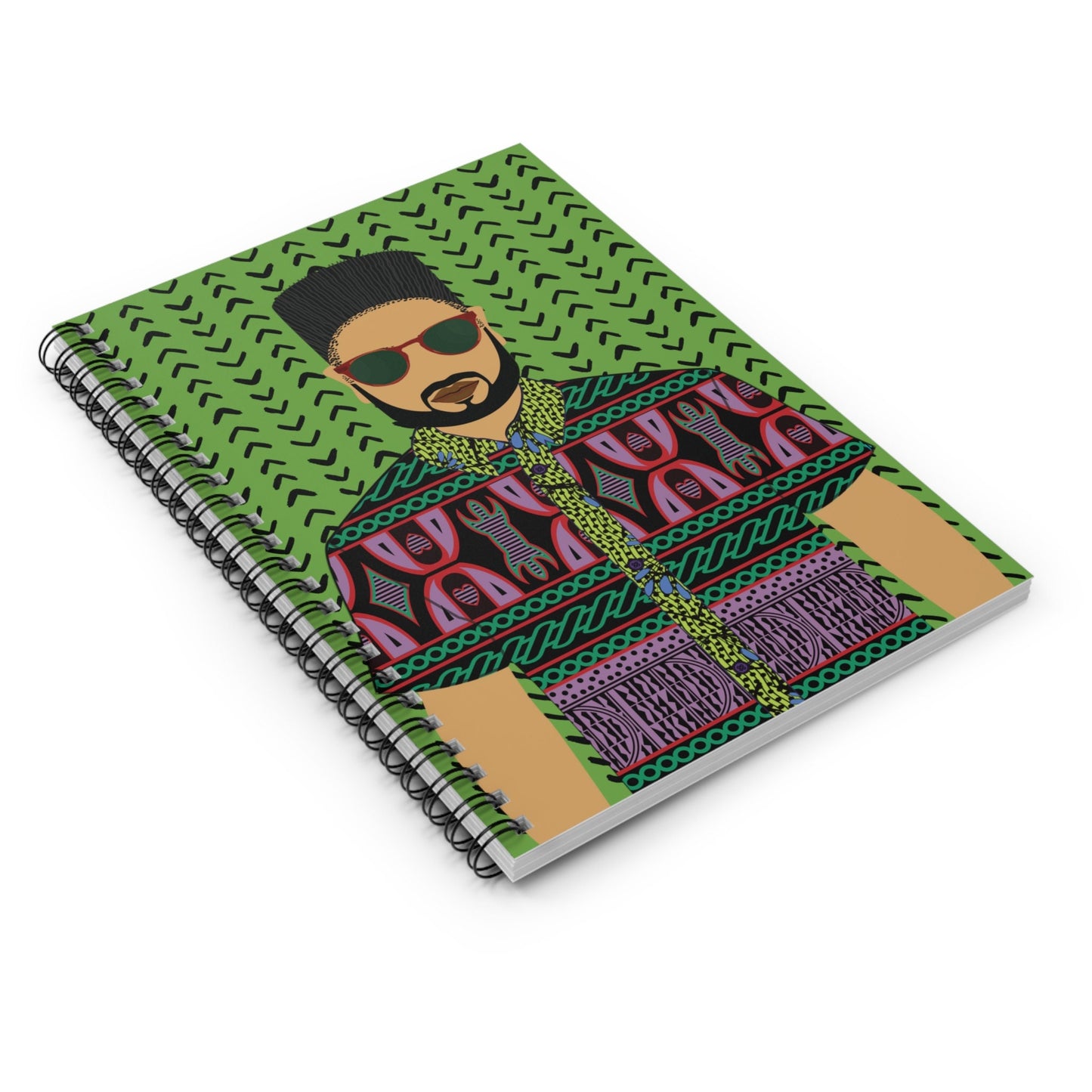 Phillipe in Purple Toghu on Green Mudcloth Spiral Notebook