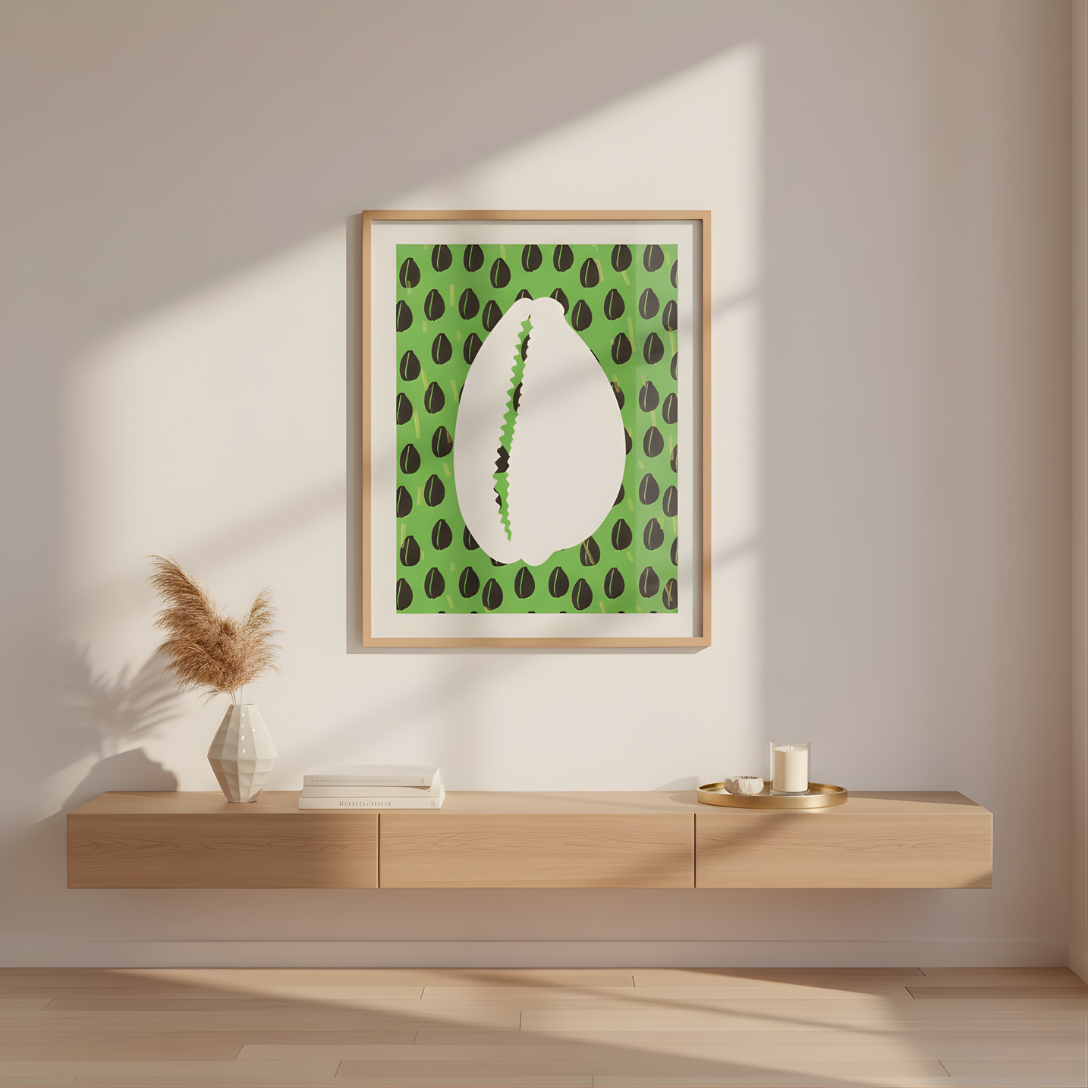 a minimalist interior design with a wooden shelf, a framed artwork with a green and black pattern, a potted plant, and a candle on the shelf.