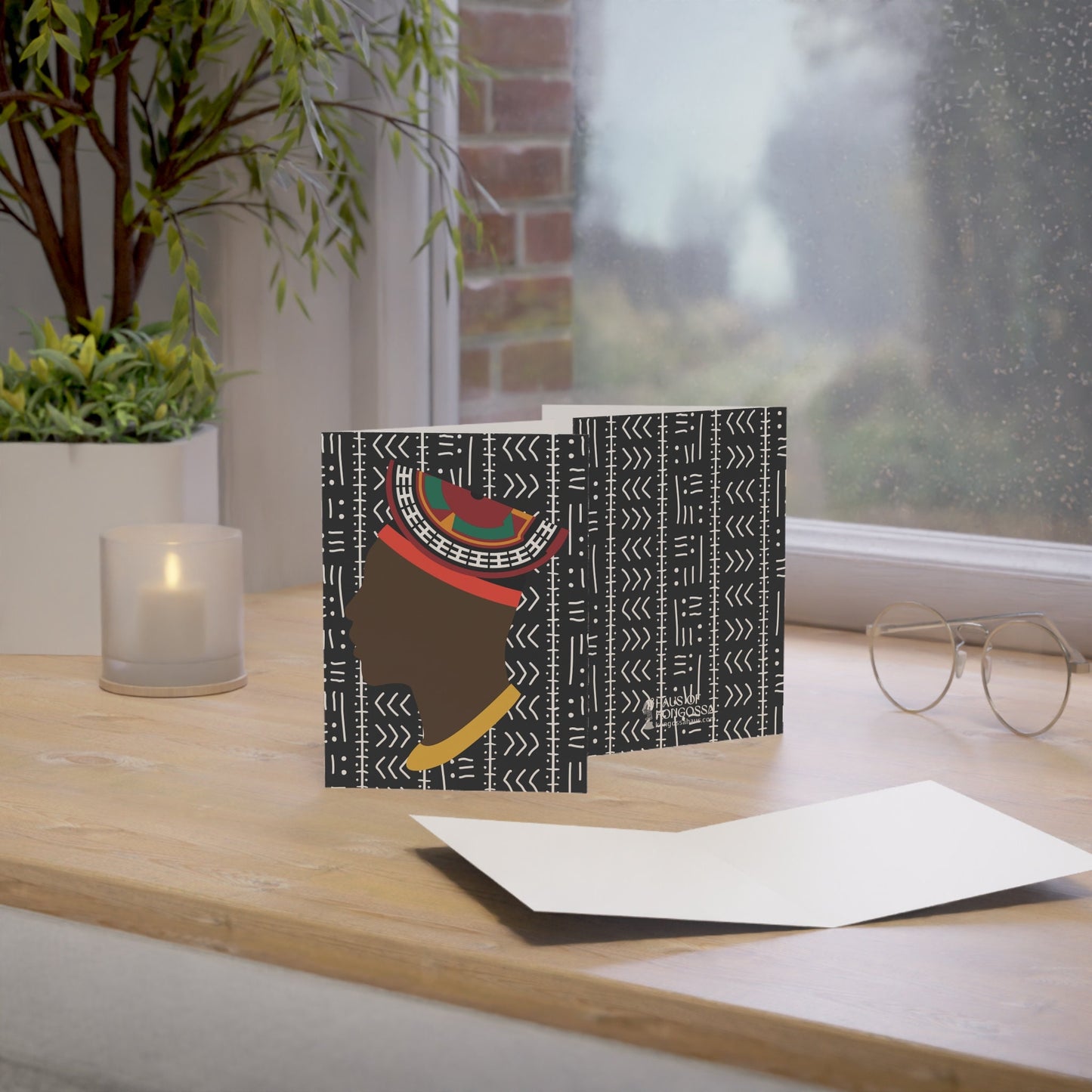 Man in Bamenda Hat Black Mudcloth African Greeting Cards (1, 10pcs)