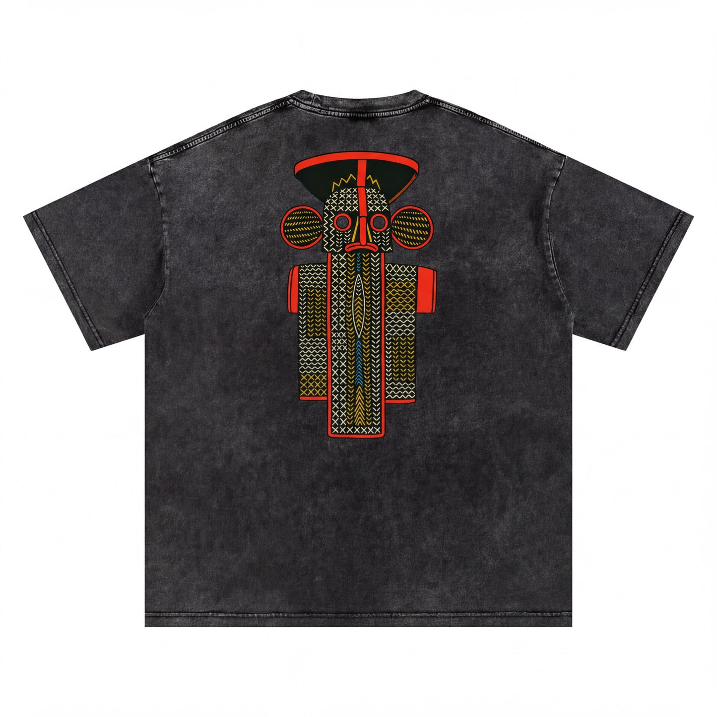 a black t-shirt with a colorful graphic design on the back.