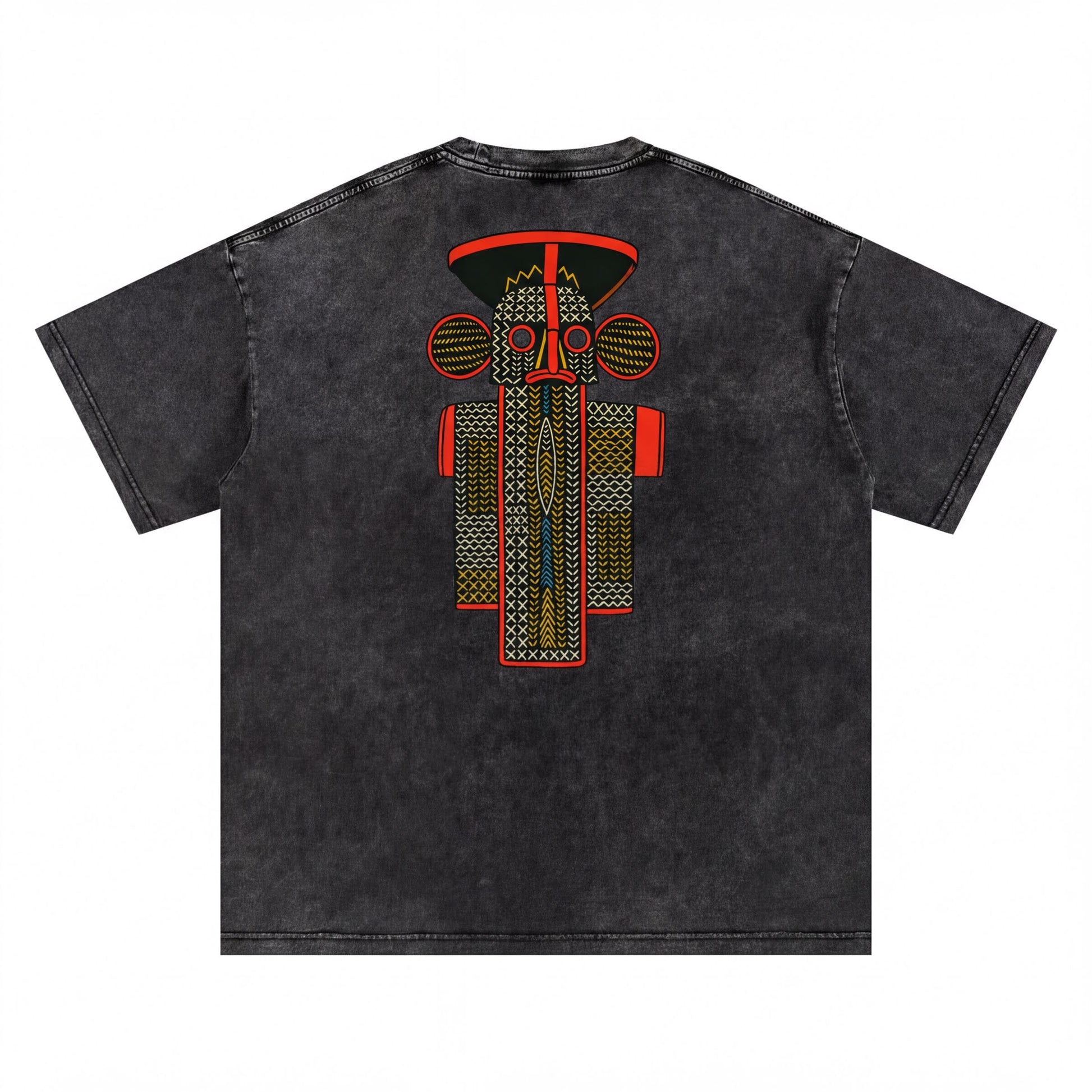 a black t-shirt with a colorful graphic design on the back.