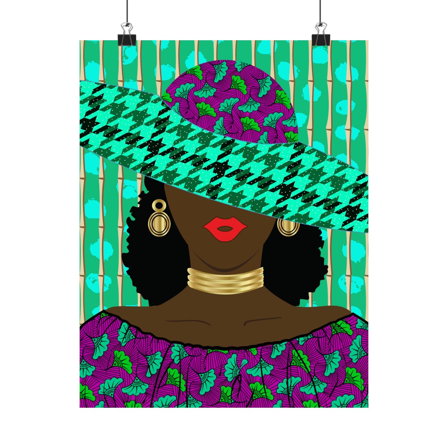 A stylized illustration of a woman wearing a large hat with a floral pattern, a colorful dress, and gold jewelry.