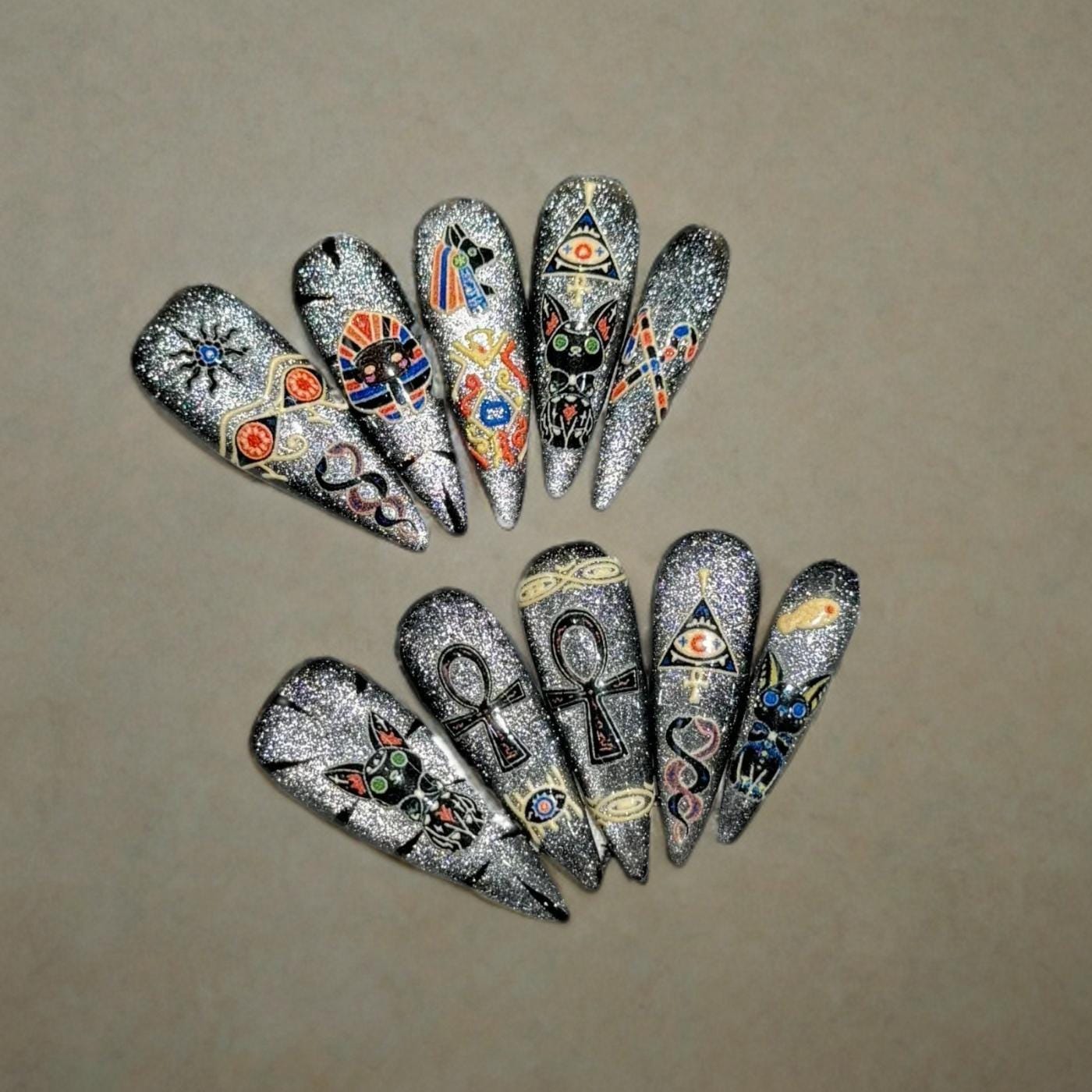 Handmade Silver Egyptian Cat Press On Nails: Long Stiletto Nail Set, Ready To Ship