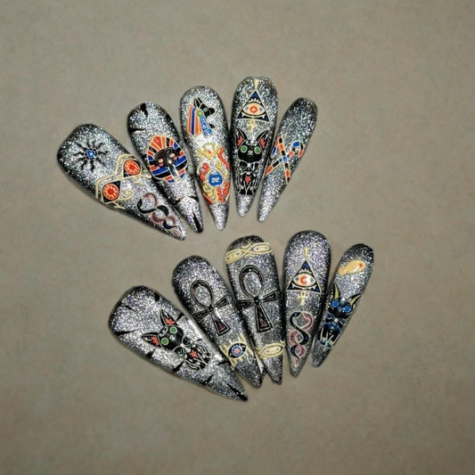 Handmade Silver Egyptian Cat Press On Nails: Long Stiletto Nail Set, Ready To Ship