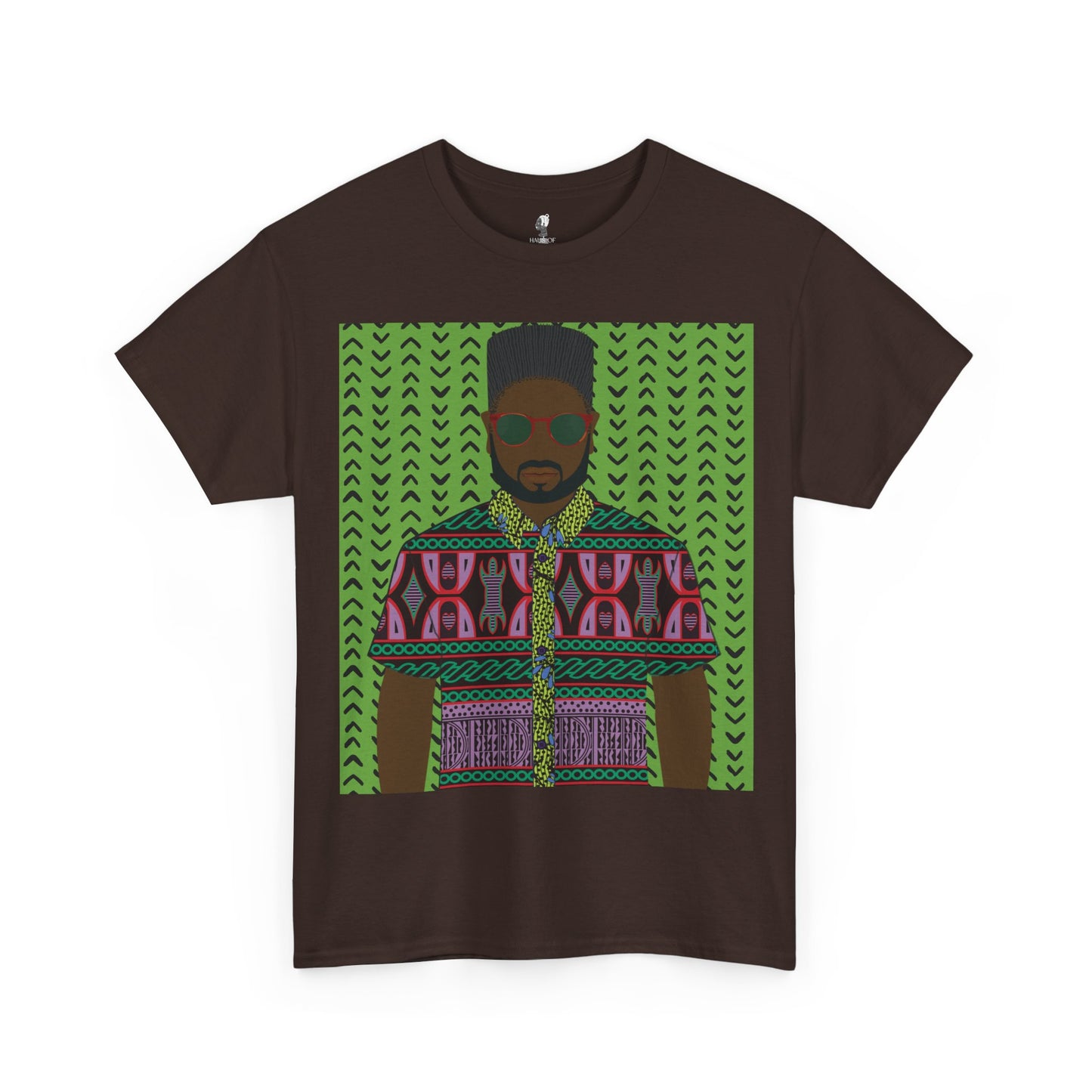 Phillipe(Chocolate) in Purple Toghu on Green Mudcloth Unisex Heavy Cotton Tee