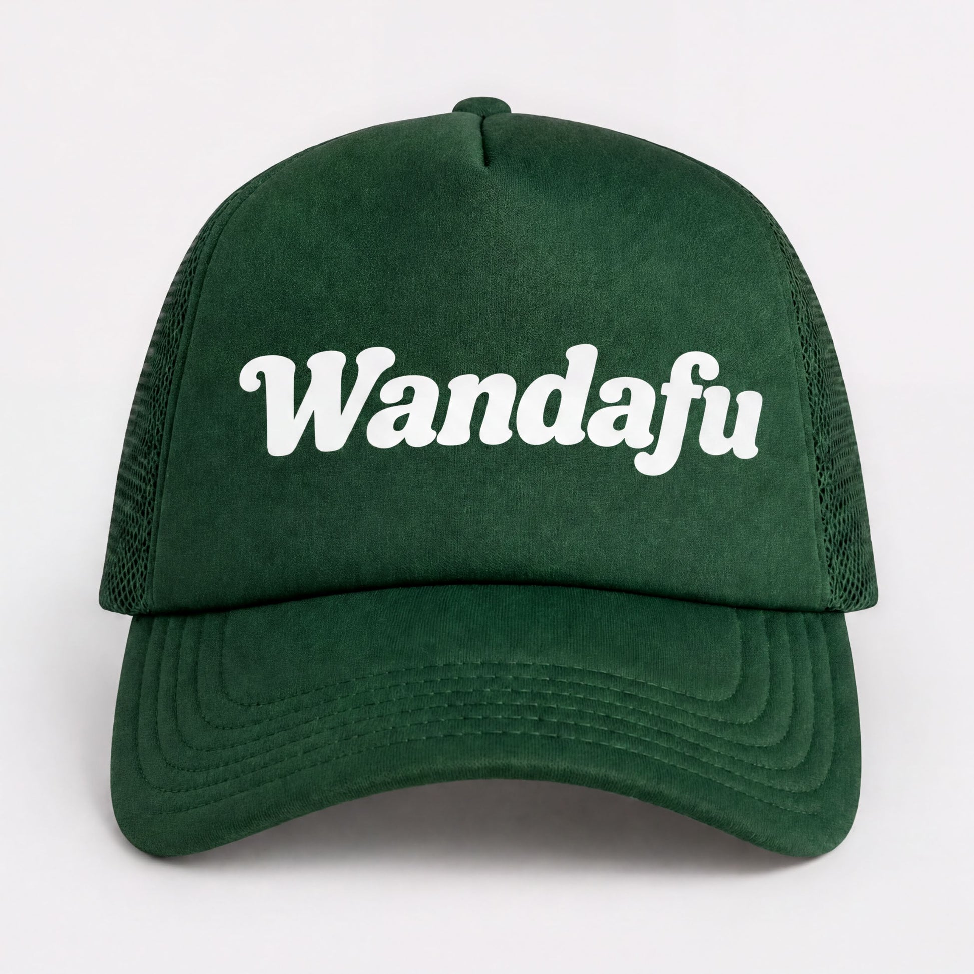 A green baseball cap with the text "Wandafu" printed on it.