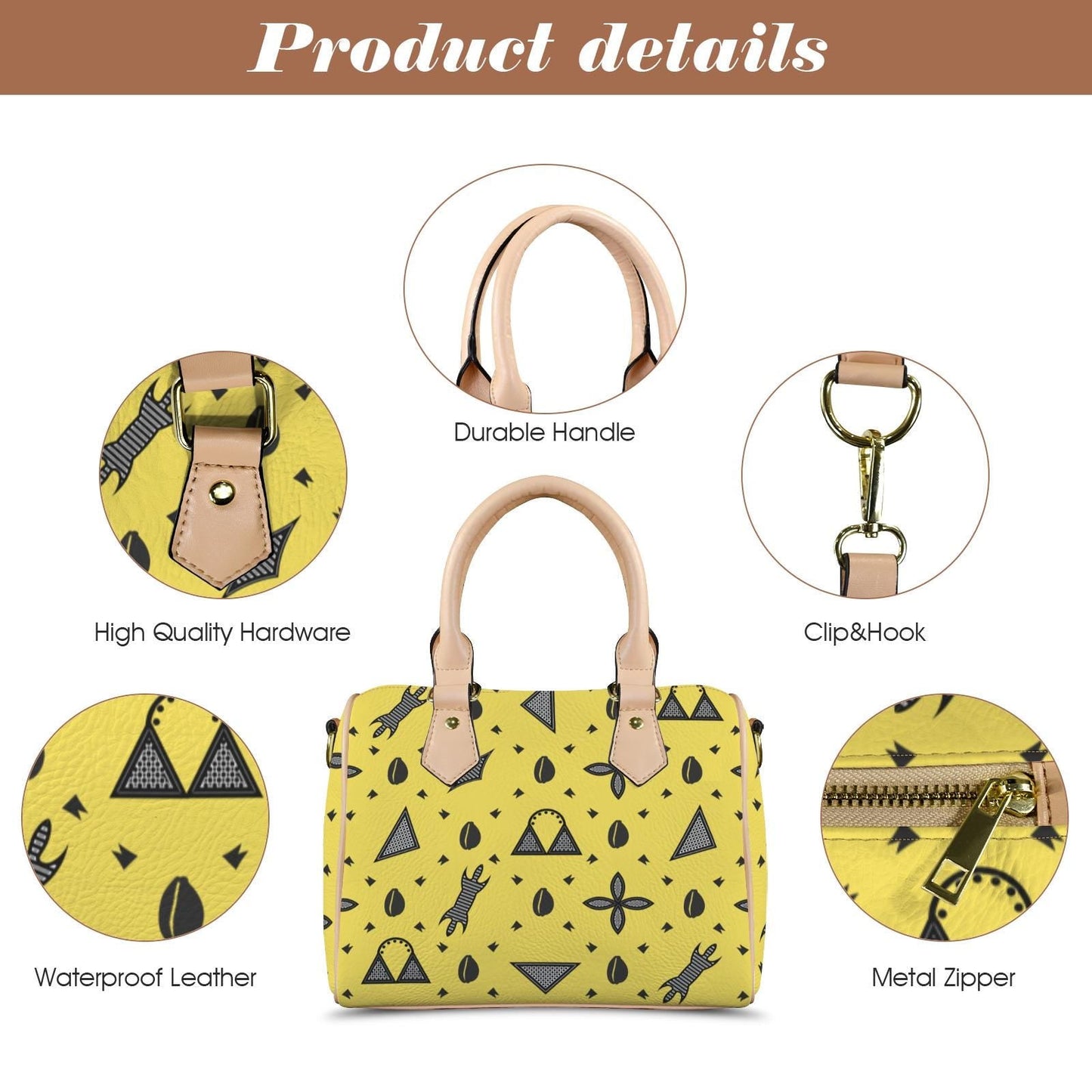Yellow Vegan Leather Satchel Handbag, Black or Khaki