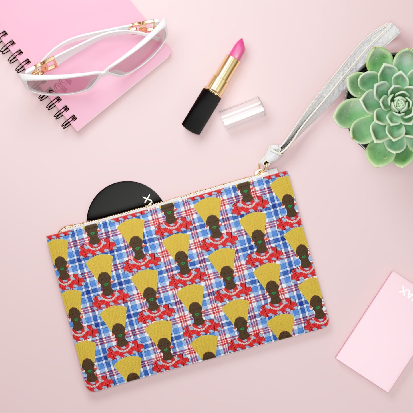 Plaid Vegan Leather Wristlet Clutch: Mukuta Brown Nef Print