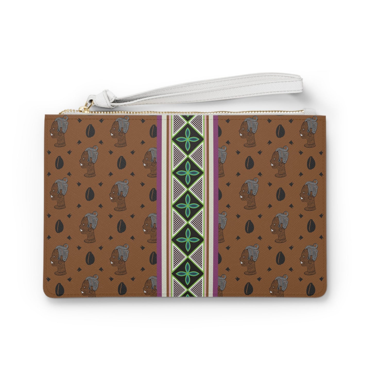 Haus of Kongossa (HOK) Brown Cowrie with Strip Wristlet Clutch Bag