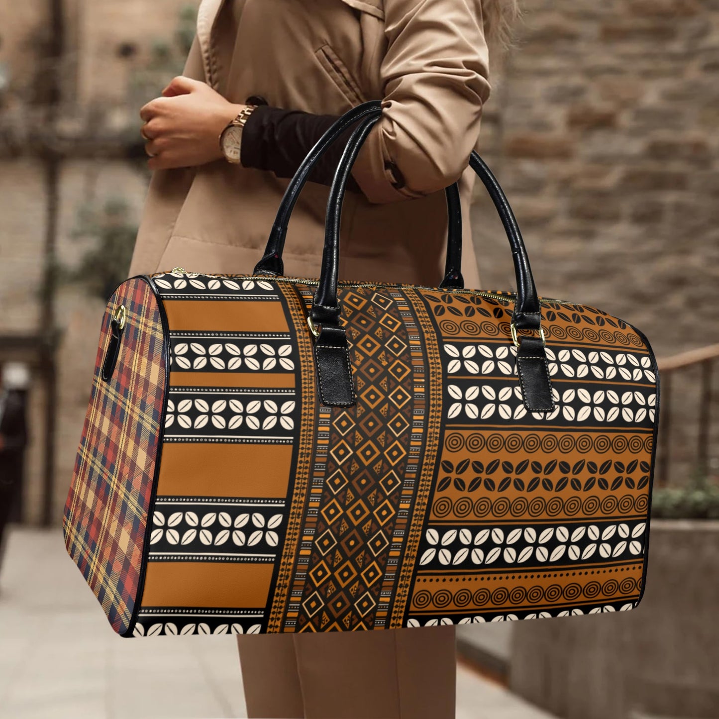 NEW Vegan Leather Mudcloth & Cowries Print Travel Bag