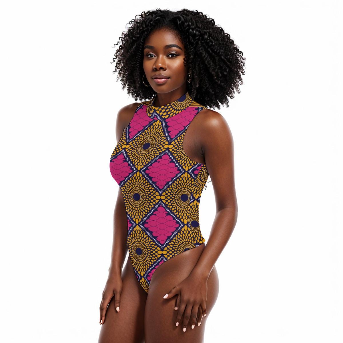 African Pink Ankara Ribbed Stretchy Bodysuit: Sleeveless, Slim Fit with Half-High Collar
