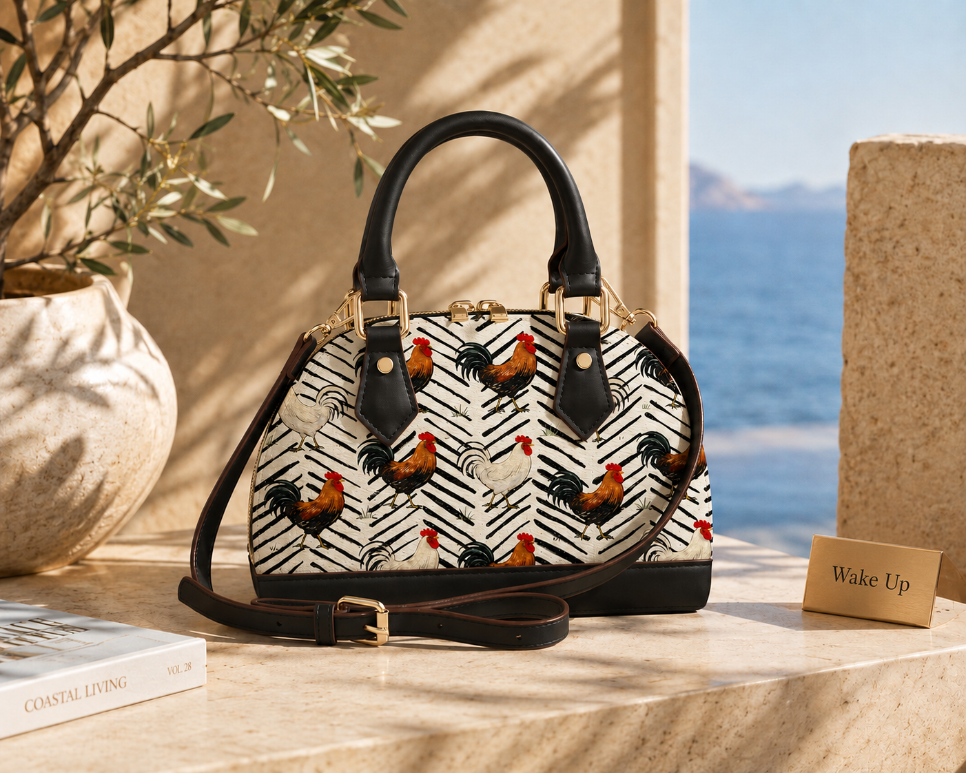 Roosters Mini Dome Satchel Bag,  Adjustable Top Handle Crossbody Bag with Black Toghu Shapes, Faux vegan Leather