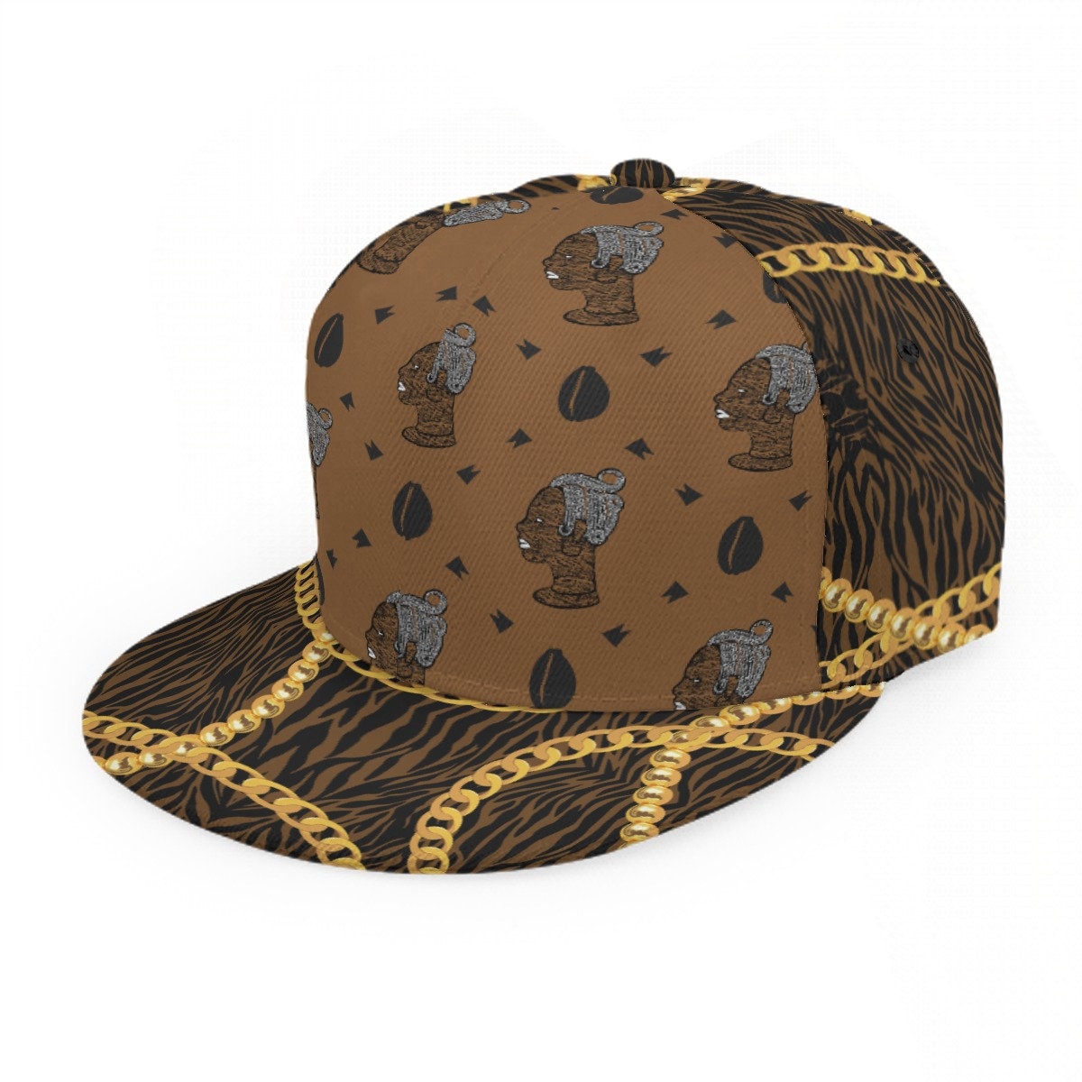 African Print Snapback Hat: Designer Brown, HOK Lady Logo with Zebra and Gold Chains Baseball Cap