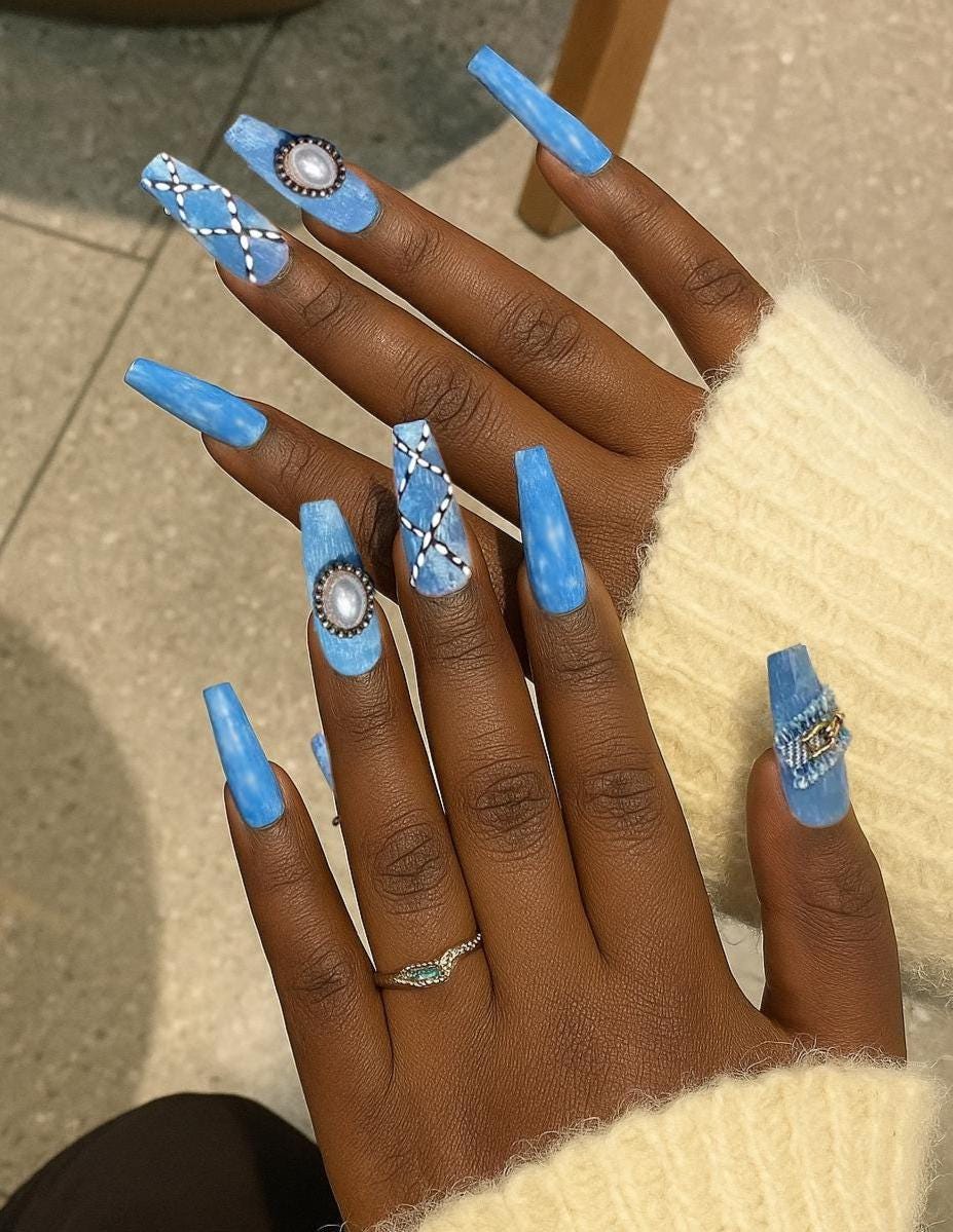 Matte Baby Blue Denim Long Coffin Press-On Nails, Ready to Ship