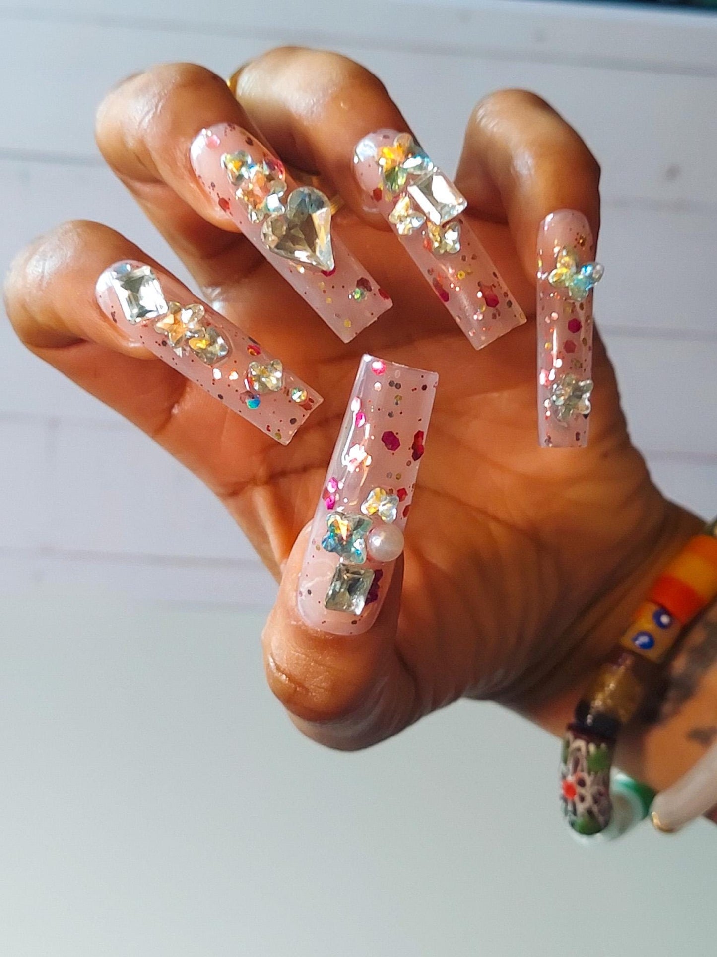 XXLong Tapered Square Pink Press On Nails, Red Glitter Crystal Gems, 10pcs