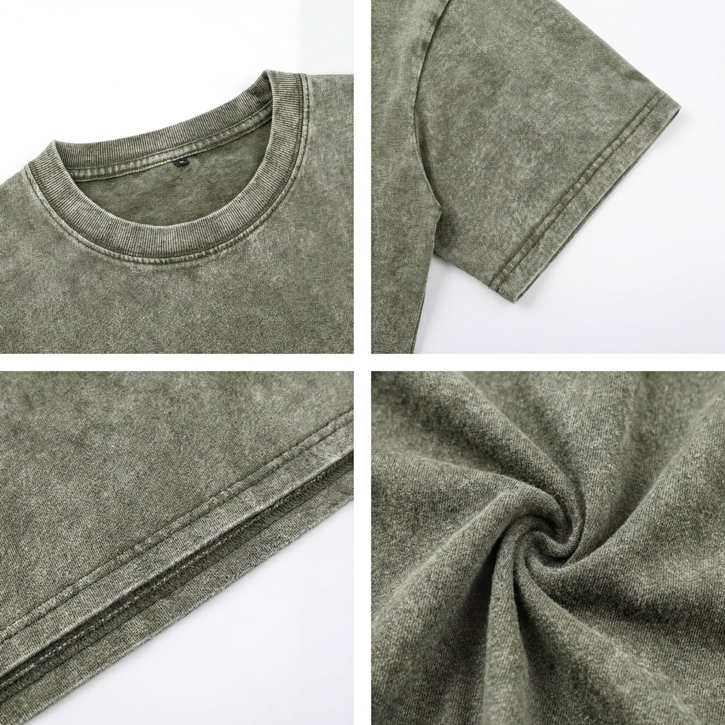 The image is a collage of four photos showing different aspects of a green t-shirt, including the collar, sleeves, and texture.