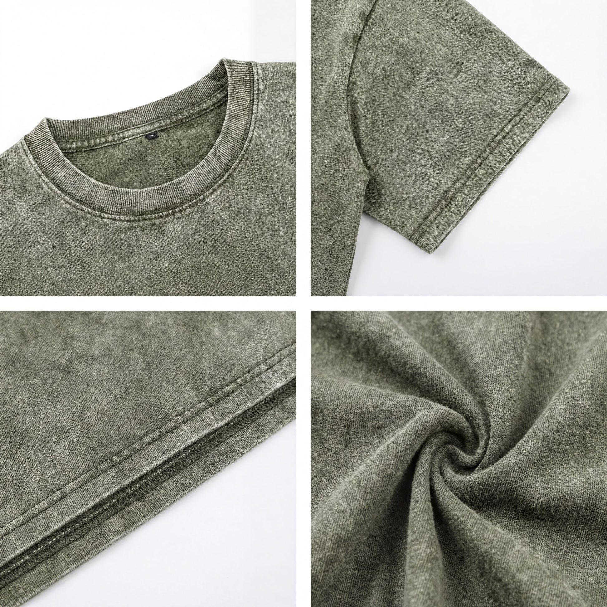 The image is a collage of four photos showing different aspects of a green t-shirt, including the collar, sleeves, and texture.