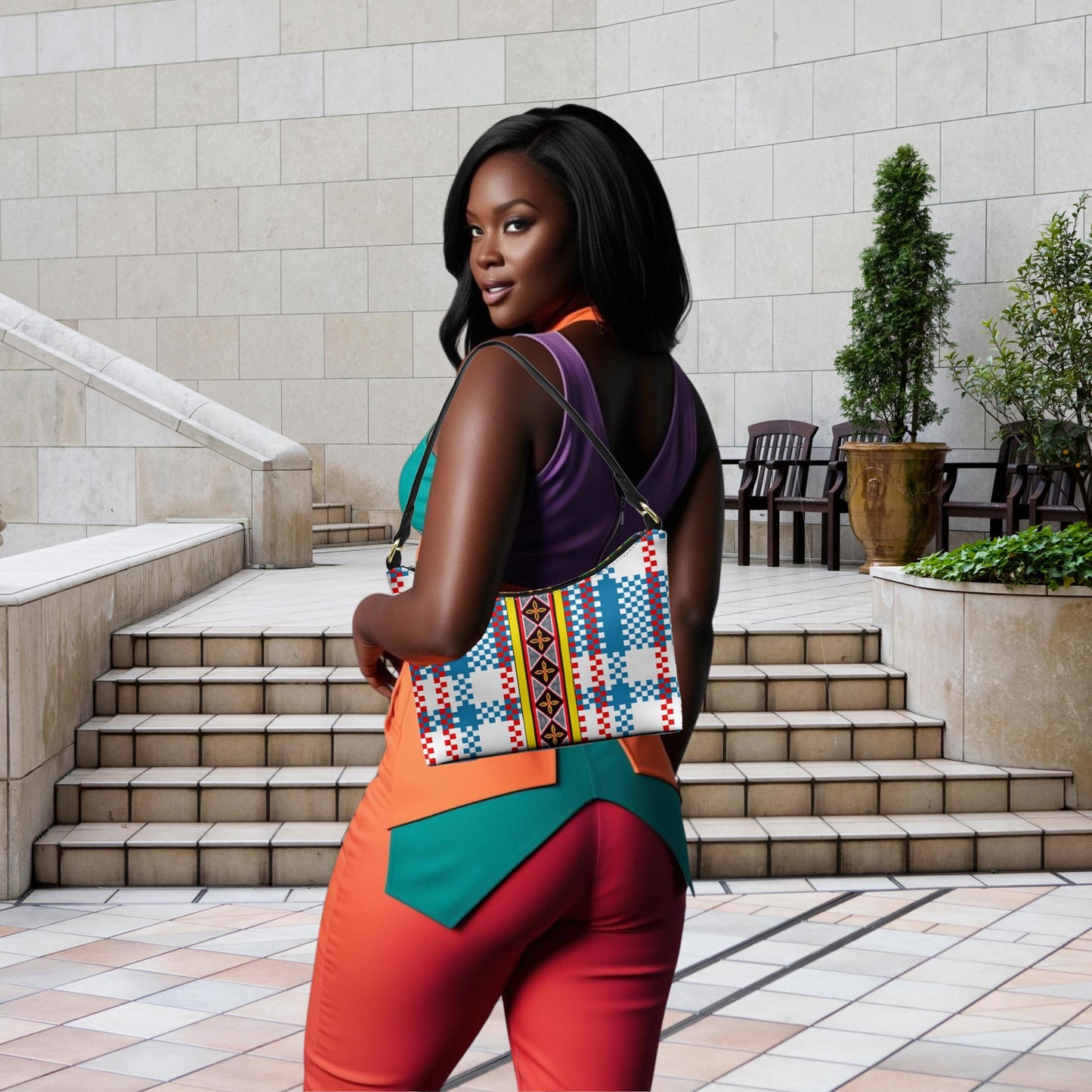 Blue Ankara Plaid Hobo Bag: Two-Sided Mini Shoulder Bag, Ready to Ship