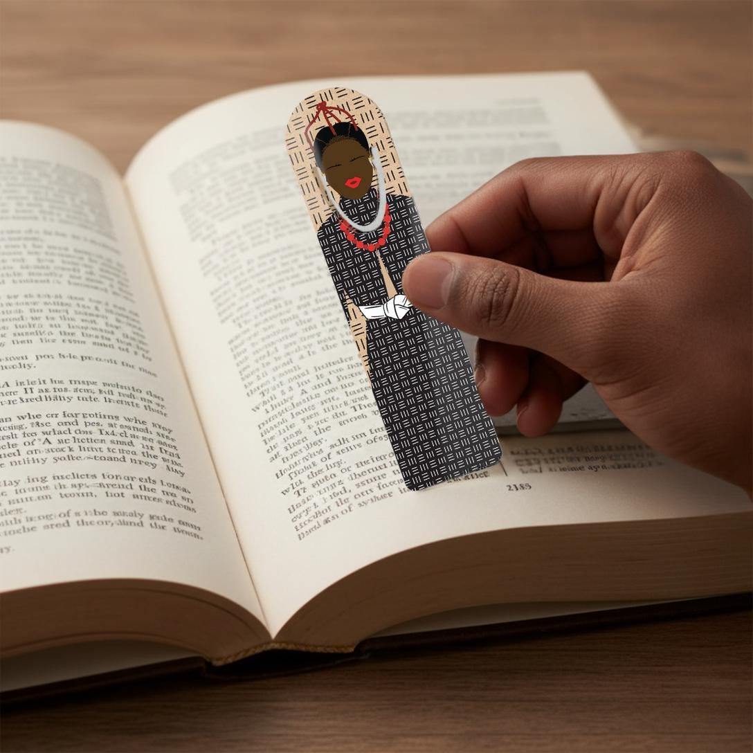 African Bookmark with Maasai Queen Design, Cork Mudcloth and Threaded Hair, Cultural Reading Gift