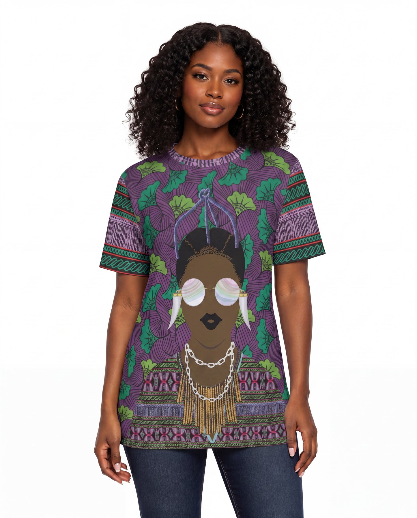 Purple Floral Ankara Print Athletic Mesh T-Shirt, Athletic Eyebird Fabric T-shirt