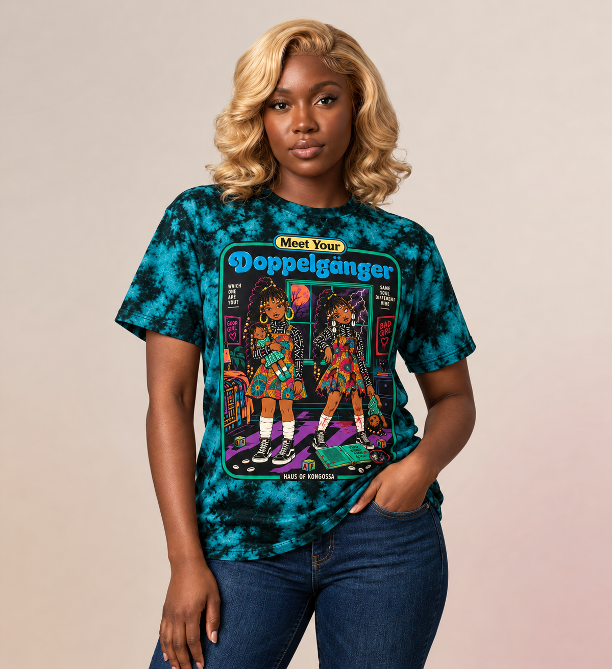 Meet Your Doppelgänger Halloween Tie Dye Tee, Good Girl Bad Girl Twin Graphic Shirt, Spooky Afro Horror T-Shirt, 10 Colors
