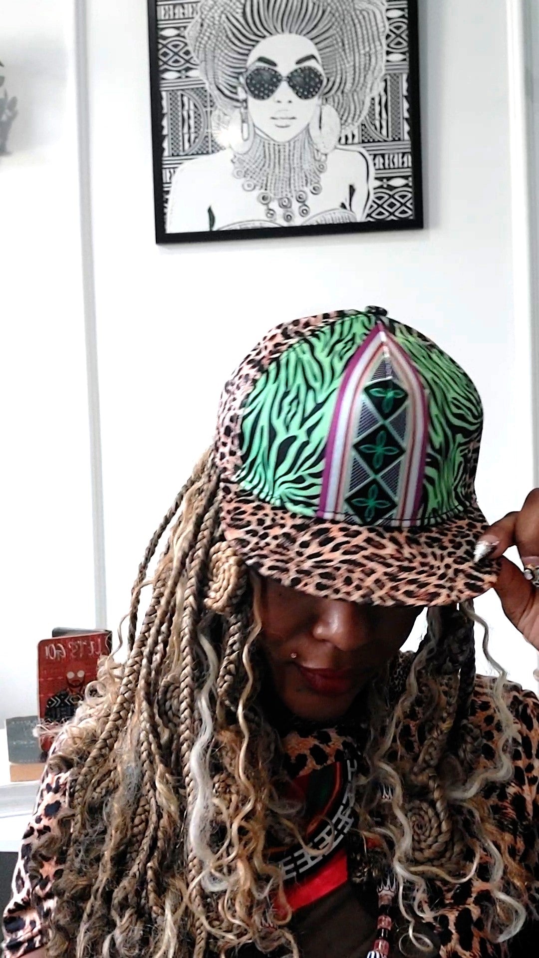African Print Baseball Hat: Green Zebra, Leopard Toghu Tribal Snapback, Ready to Ship