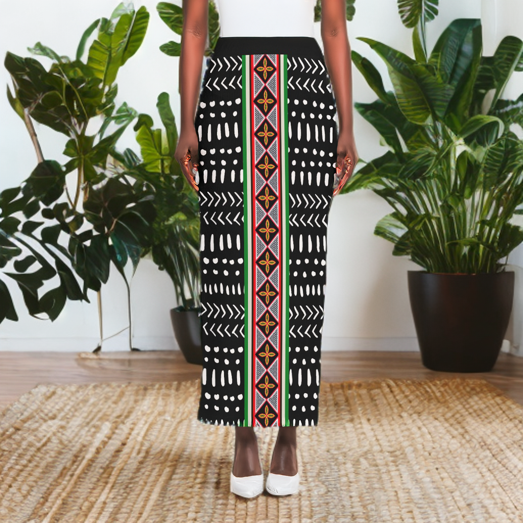 Mudcloth Ribbed Stretchy Maxi Skirt, African Print with Toghu Stripe, Side Slit, Ready to Ship