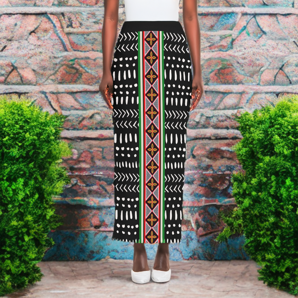 Mudcloth Ribbed Stretchy Maxi Skirt, African Print with Toghu Stripe, Side Slit, Ready to Ship