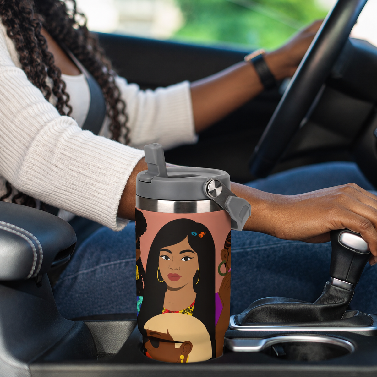 Black Girl Magic Collage, African-Inspired Black Women Art Tumbler with Top Handle (30oz)