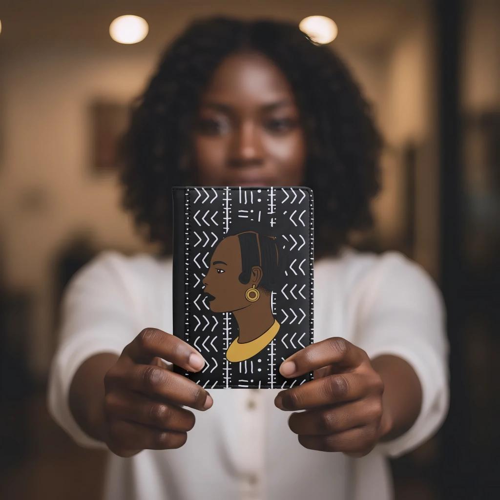 A woman holding a notebook with a black cover featuring a stylized profile of a person's face.