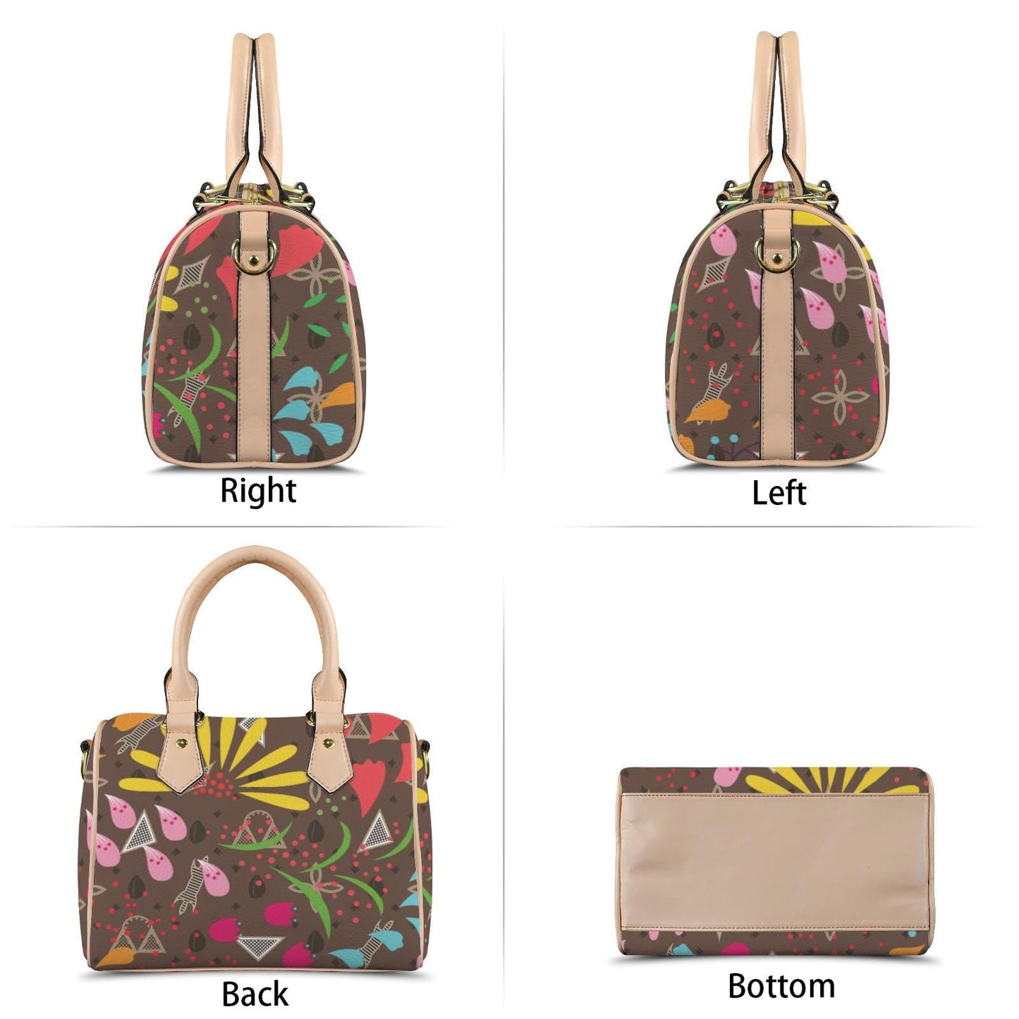 Vegan Leather Brown Boston Bag, Neon Toghu Print or Floral Satchel Handbag