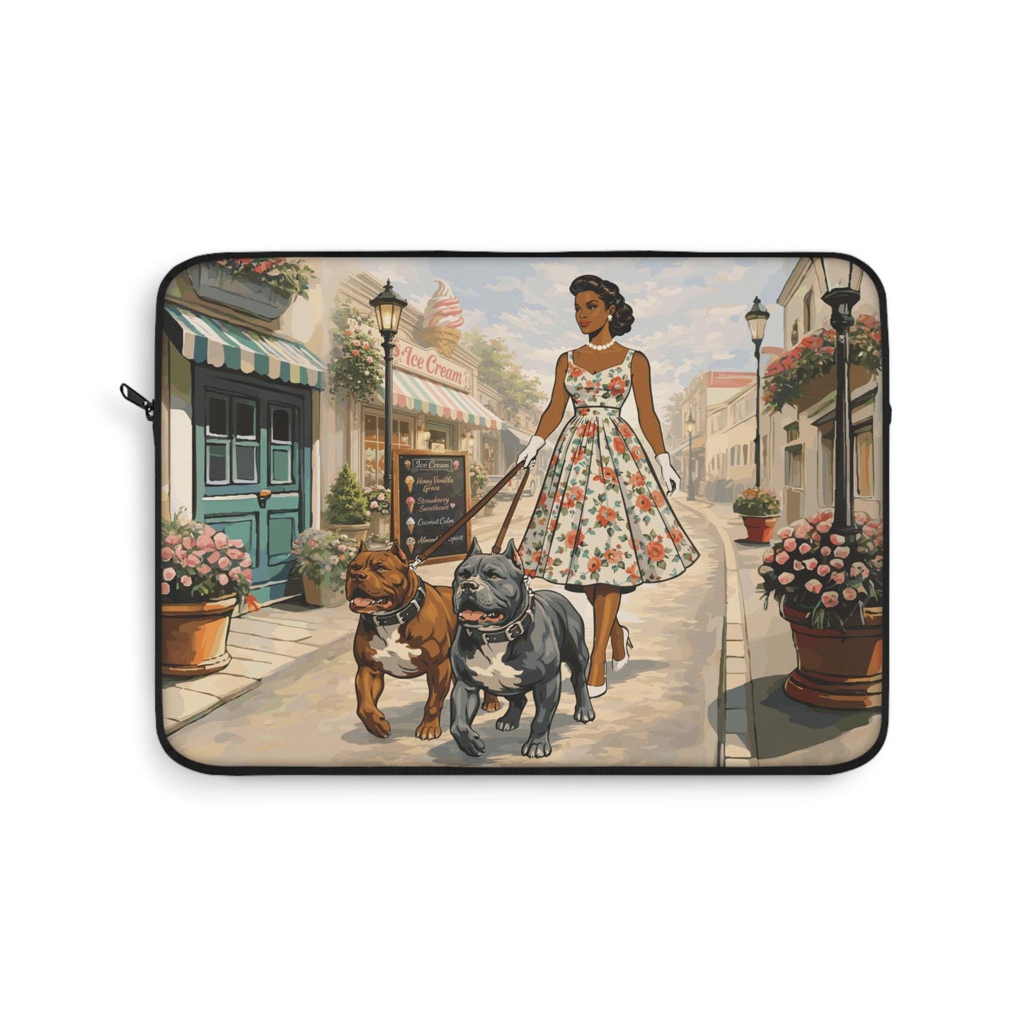 A woman in a floral dress is walking two dogs down a street lined with potted plants and flowers.