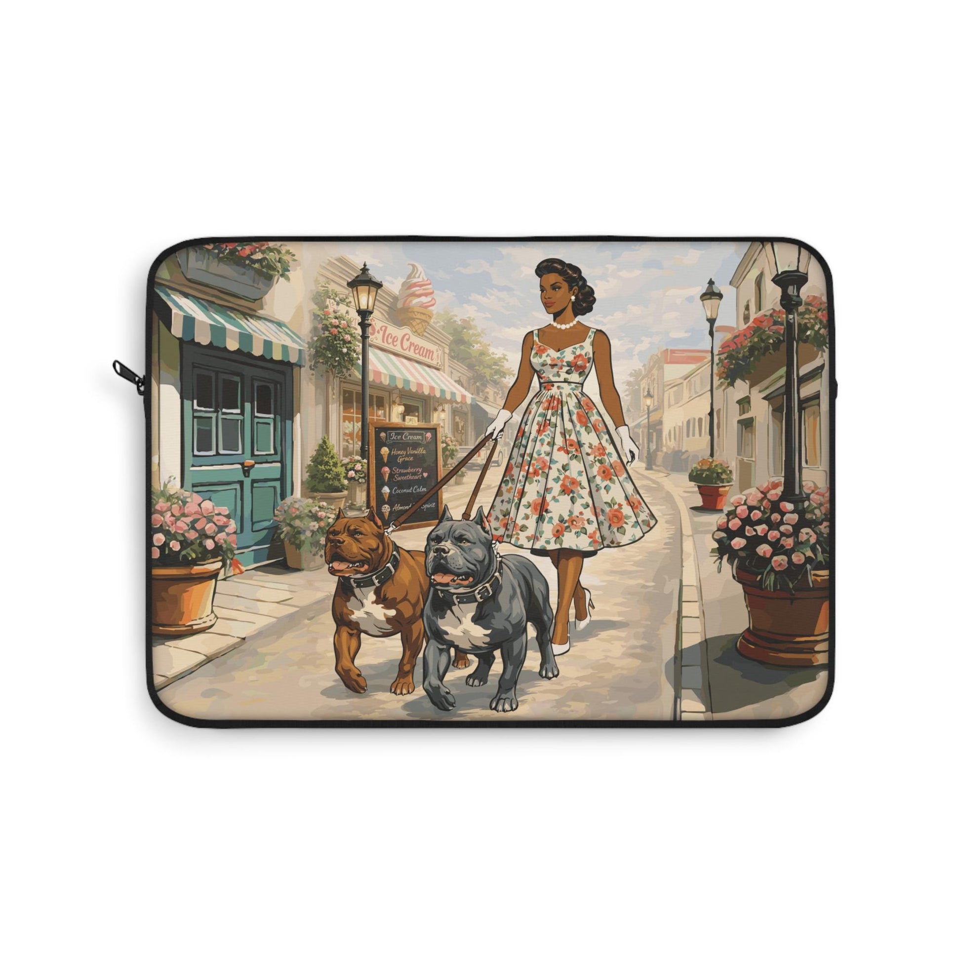 A woman in a floral dress is walking two dogs down a street lined with potted plants and flowers.