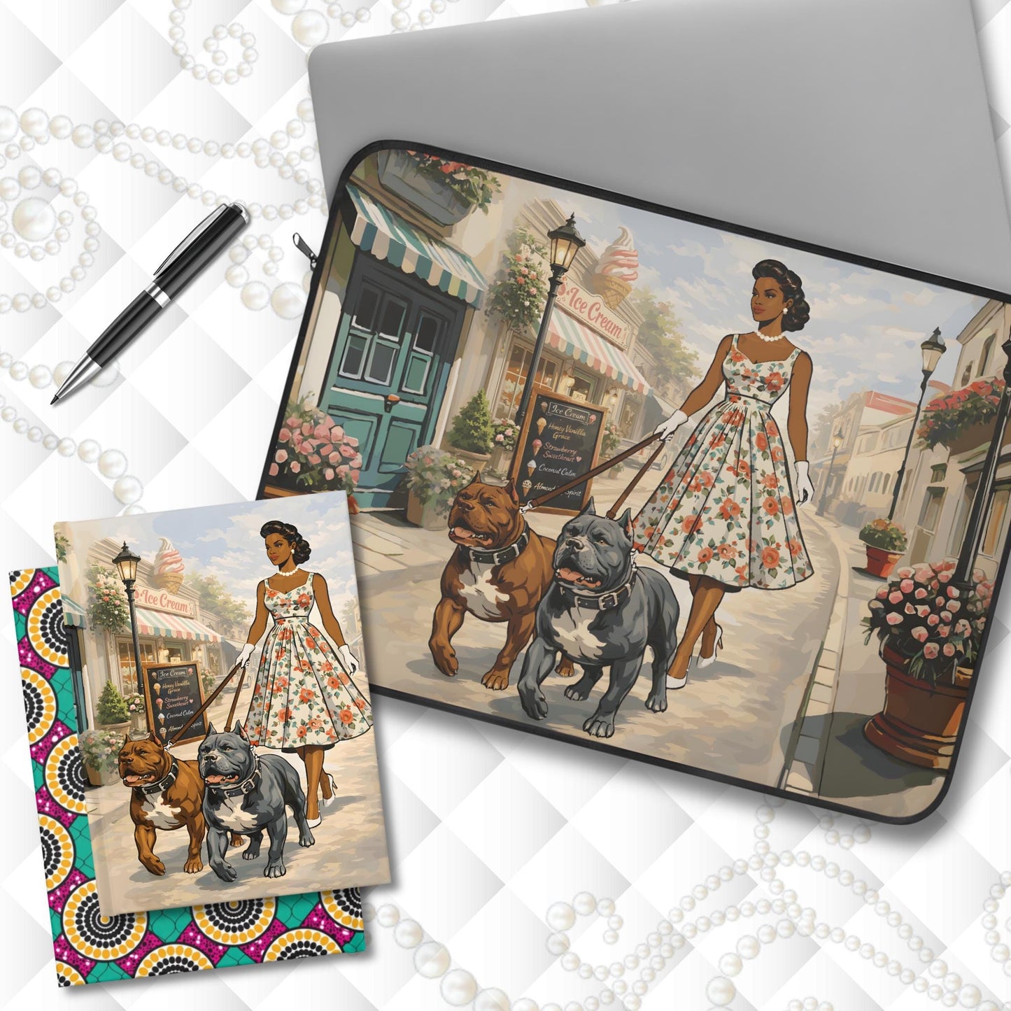 Strut, Scoops & Pups Laptop Sleeve, Vintage Art, Floral with Dogs Illustration, Mother's Day Gift