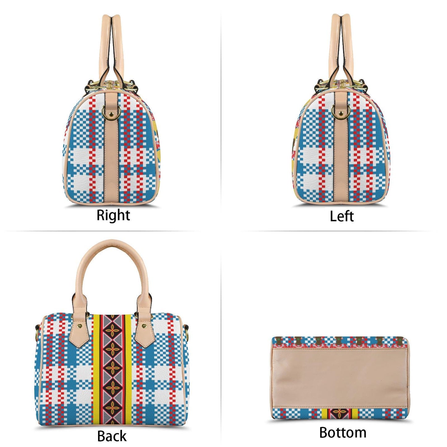 African Print Vegan Leather Boston Satchel Handbag: Mukuta Plaid & Toghu Stripe