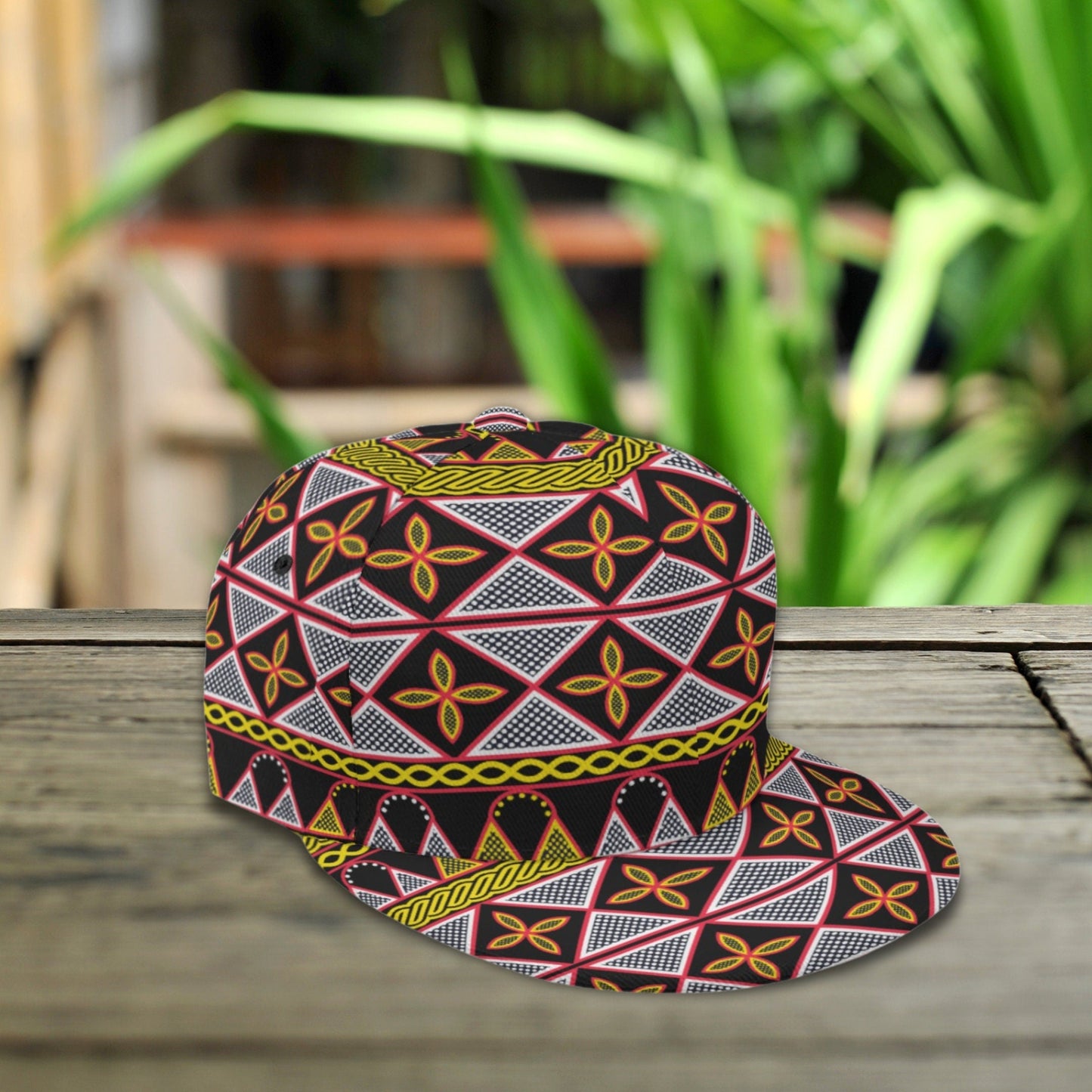 Yellow Toghu Baseball Cap: African Print Flat Brim Snapback, Ready to Ship