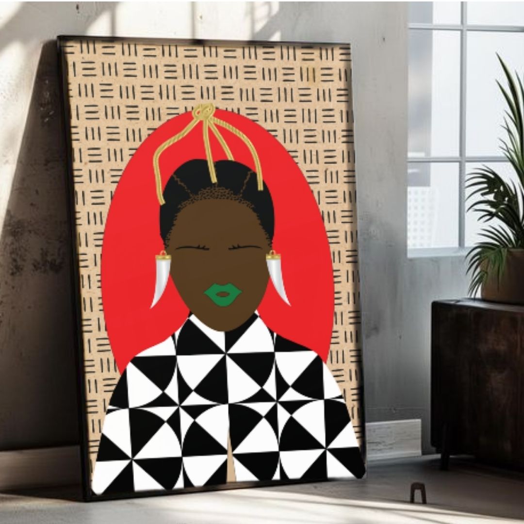 a framed artwork depicting a stylized portrait of a person with a geometric patterned shirt and a red background.