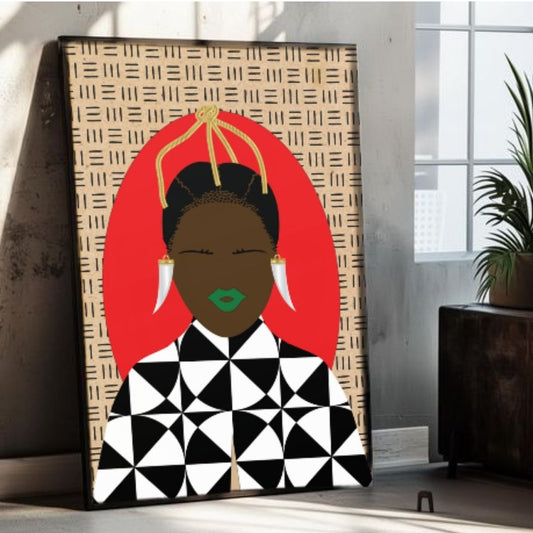 a framed artwork depicting a stylized portrait of a person with a geometric patterned shirt and a red background.