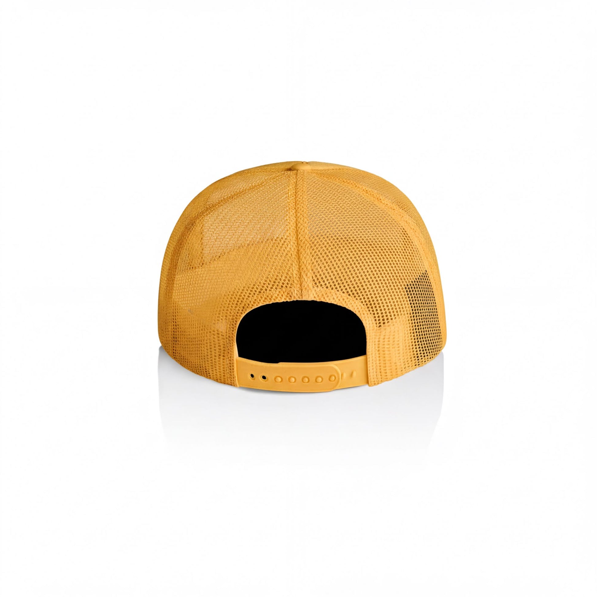 A yellow mesh baseball cap with a black brim and adjustable strap.
