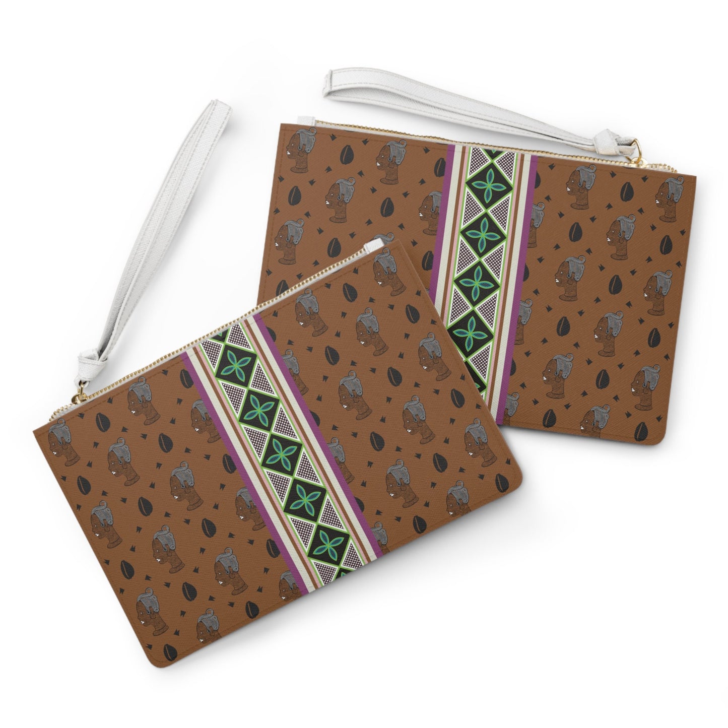 Haus of Kongossa (HOK) Brown Cowrie with Strip Wristlet Clutch Bag