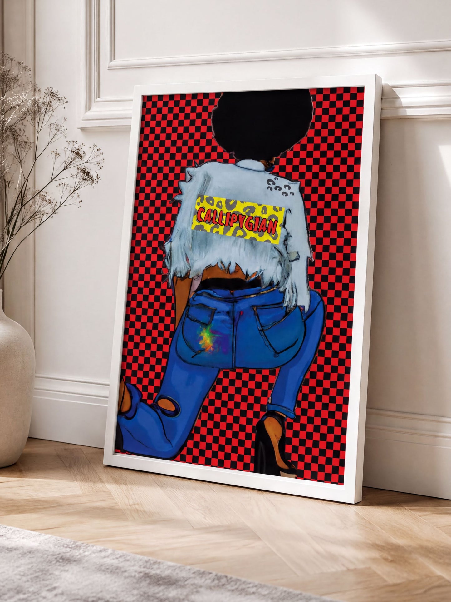 The image is a framed artwork depicting a stylized illustration of a person wearing a white jacket and blue jeans, with a checkered pattern on the background.