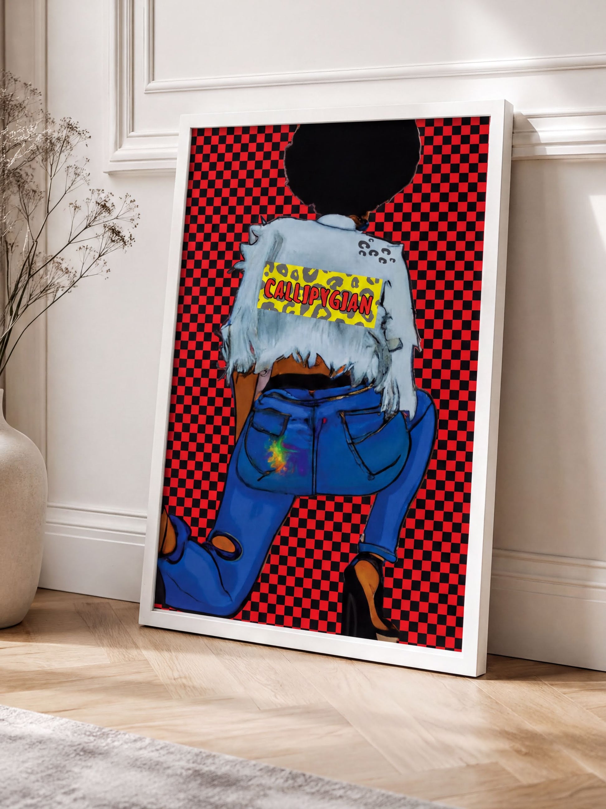 The image is a framed artwork depicting a stylized illustration of a person wearing a white jacket and blue jeans, with a checkered pattern on the background.