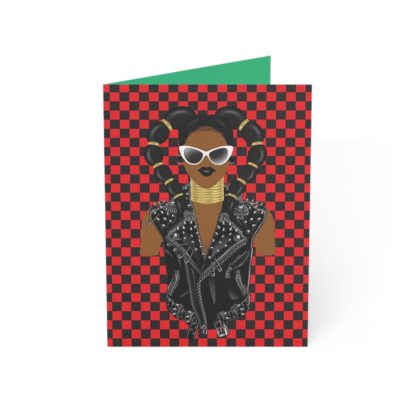 Horn Lady Biker Jacket - Red checkers  Green African Greeting Cards (1, 10pcs)