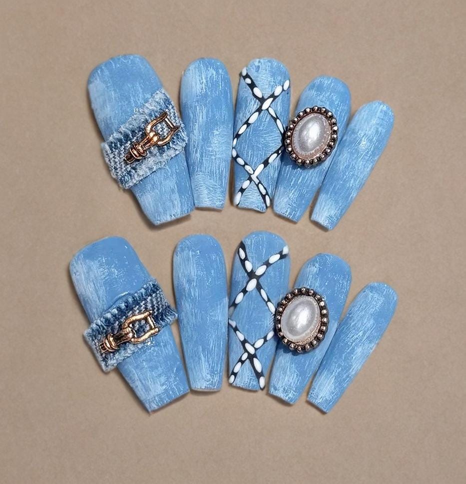 Matte Baby Blue Denim Long Coffin Press-On Nails, Ready to Ship