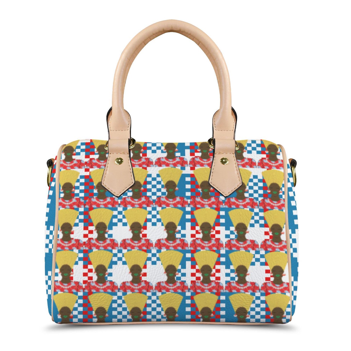 African Print Vegan Leather Boston Satchel Handbag: Mukuta Plaid & Toghu Stripe