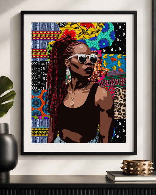A framed print of a woman with braided hair and sunglasses, wearing a black tank top, is displayed on a wall.
